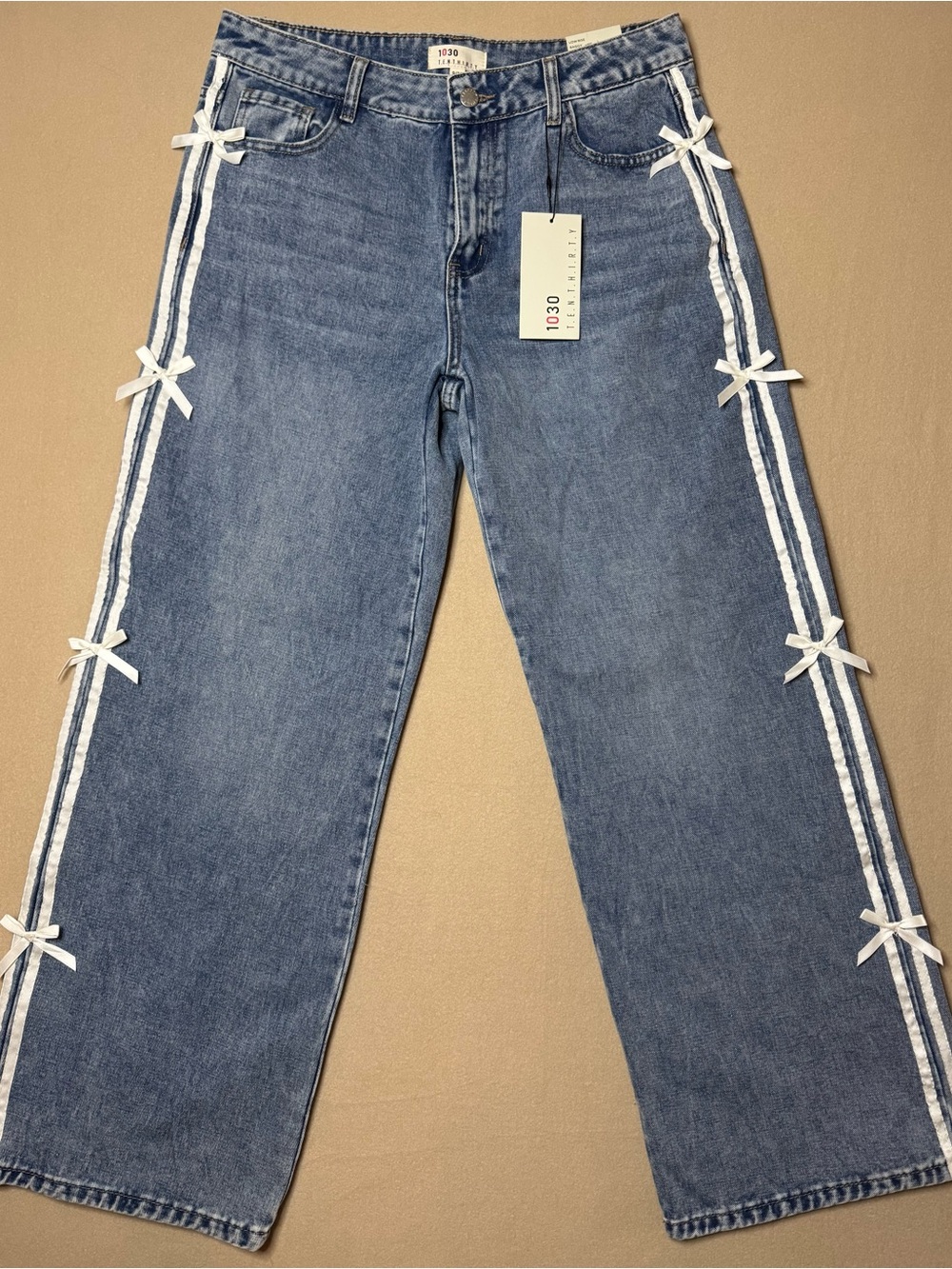 TENTHIRTY 1030 Wide Leg Jeans Baggy Low Rise Jeans Y2K sz. 9 Satin Trim Bow